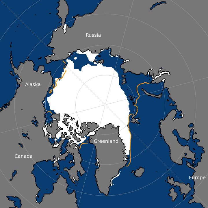 Map of Arctic sea-ice extent on 17 October 2026, with the 1981–2010 median ice edge in orange.