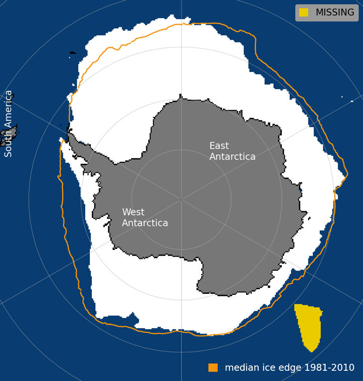 Map of Antarctic sea-ice extent on 17 October 2026, with the 1981–2010 median ice edge in orange.