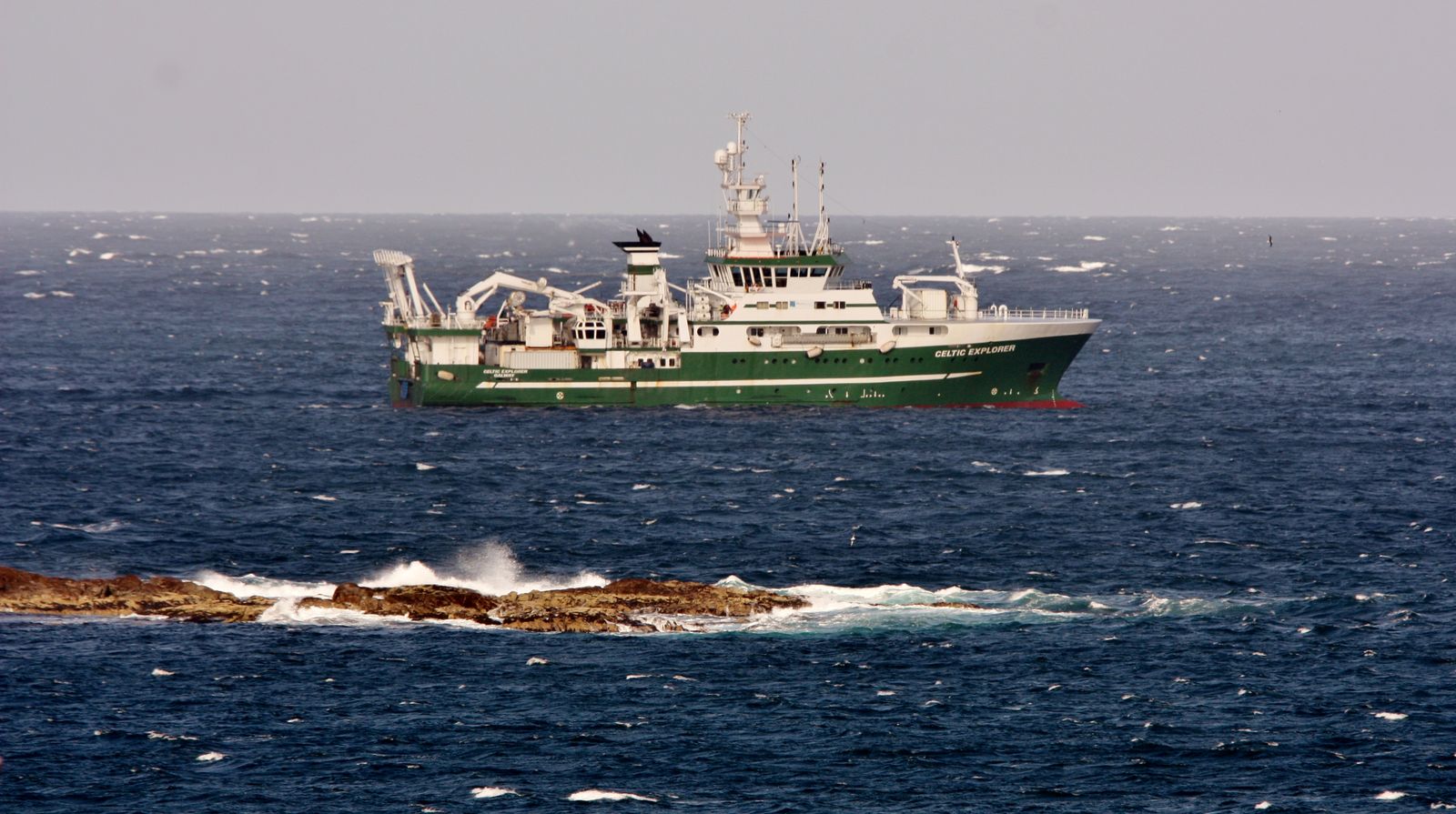 The research vessel RV Celtic Explorer at sea off Lady's Holm in the Bay of Quendale, Shetland, in August 2014.
